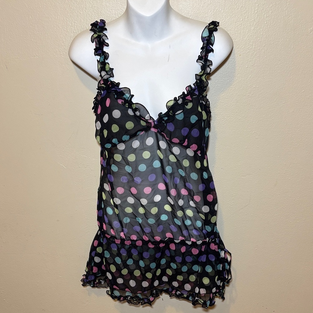 Victoria's Secret Black Sheer Polka Dot Ruffle Chemise - Multicolor Dots